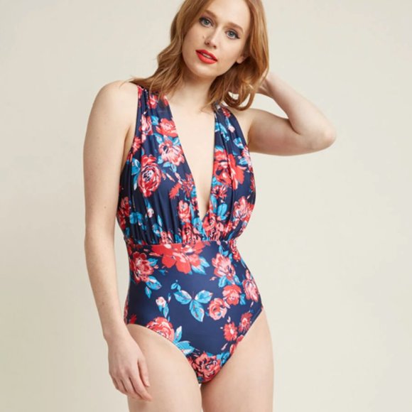 NWT ModCloth Navy Floral Deep-V Swimsuit - Picture 3 of 3